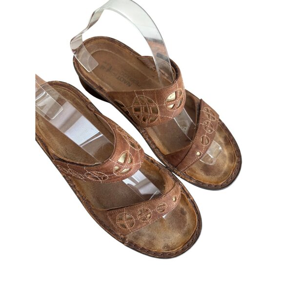 Naot Brown Leather Slip-On Sandals With Embroidered Detail & Low Wedge Heel - Picture 4 of 12